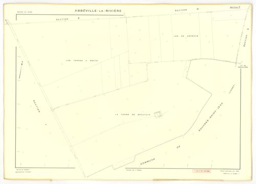 Plans minutes de conservation : ABBEVILLE-LA-RIVIERE : tableau d'assemblage, ech. 1/10000, sections A ,B, C, D, E, F, G, H, I , J , K, W (1955), section J (1969), ech. 1/2000, NB, papier, 105x80 [14 plans]. 