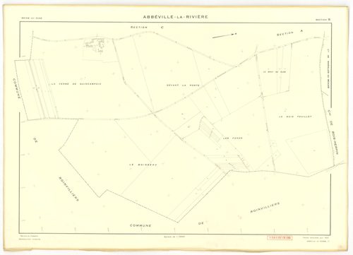 Plans minutes de conservation : ABBEVILLE-LA-RIVIERE : tableau d'assemblage, ech. 1/10000, sections A ,B, C, D, E, F, G, H, I , J , K, W (1955), section J (1969), ech. 1/2000, NB, papier, 105x80 [14 plans]. 