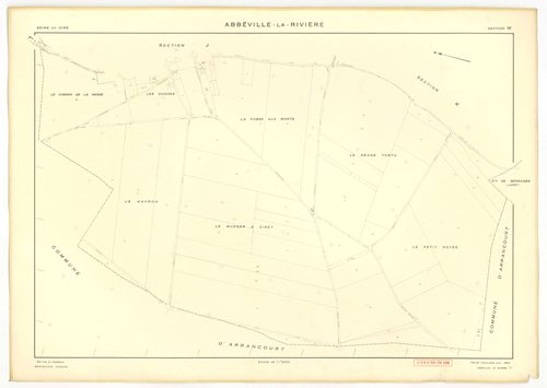 Plans minutes de conservation : ABBEVILLE-LA-RIVIERE : tableau d'assemblage, ech. 1/10000, sections A ,B, C, D, E, F, G, H, I , J , K, W (1955), section J (1969), ech. 1/2000, NB, papier, 105x80 [14 plans]. 