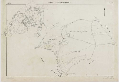 ABBEVILLE-LA-RIVIERE, plans minutes de conservation : tableau d'assemblage,1955, Ech. 1/10000 ; plans des sections A, B, C, D, E, F, G, H, I, J, 1955, Ech. 1/2000, sections ZB, ZC, 1998, Ech. 1/2000, sections ZE, ZH, 1999, Ech. 1/2000. Polyester. N et B. 