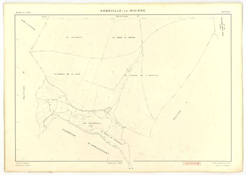Plans minutes de conservation : ABBEVILLE-LA-RIVIERE : tableau d'assemblage, ech. 1/10000, sections A ,B, C, D, E, F, G, H, I , J , K, W (1955), section J (1969), ech. 1/2000, NB, papier, 105x80 [14 plans]. 