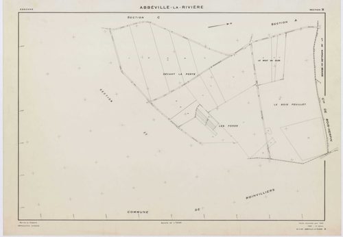 ABBEVILLE-LA-RIVIERE, plans minutes de conservation : tableau d'assemblage,1955, Ech. 1/10000 ; plans des sections A, B, C, D, E, F, G, H, I, J, 1955, Ech. 1/2000, sections ZB, ZC, 1998, Ech. 1/2000, sections ZE, ZH, 1999, Ech. 1/2000. Polyester. N et B. 