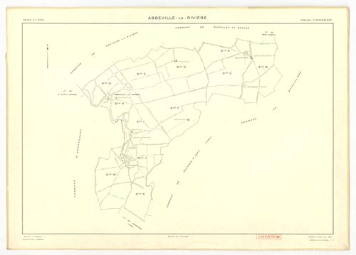 Plans minutes de conservation : ABBEVILLE-LA-RIVIERE : tableau d'assemblage, ech. 1/10000, sections A ,B, C, D, E, F, G, H, I , J , K, W (1955), section J (1969), ech. 1/2000, NB, papier, 105x80 [14 plans]. 