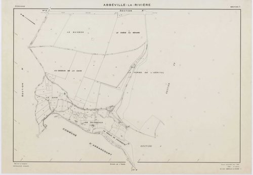 ABBEVILLE-LA-RIVIERE, plans minutes de conservation : tableau d'assemblage,1955, Ech. 1/10000 ; plans des sections A, B, C, D, E, F, G, H, I, J, 1955, Ech. 1/2000, sections ZB, ZC, 1998, Ech. 1/2000, sections ZE, ZH, 1999, Ech. 1/2000. Polyester. N et B. 
