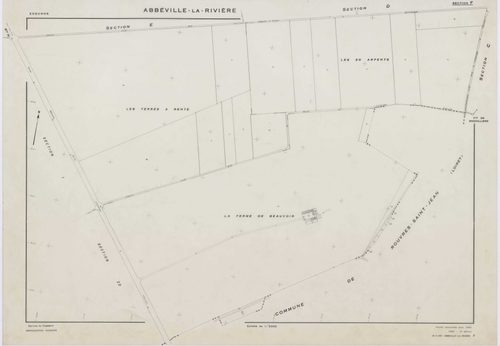 ABBEVILLE-LA-RIVIERE, plans minutes de conservation : tableau d'assemblage,1955, Ech. 1/10000 ; plans des sections A, B, C, D, E, F, G, H, I, J, 1955, Ech. 1/2000, sections ZB, ZC, 1998, Ech. 1/2000, sections ZE, ZH, 1999, Ech. 1/2000. Polyester. N et B. 