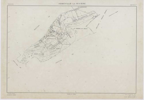ABBEVILLE-LA-RIVIERE, plans minutes de conservation : tableau d'assemblage,1955, Ech. 1/10000 ; plans des sections A, B, C, D, E, F, G, H, I, J, 1955, Ech. 1/2000, sections ZB, ZC, 1998, Ech. 1/2000, sections ZE, ZH, 1999, Ech. 1/2000. Polyester. N et B. 
