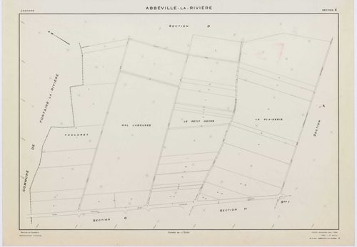 ABBEVILLE-LA-RIVIERE, plans minutes de conservation : tableau d'assemblage,1955, Ech. 1/10000 ; plans des sections A, B, C, D, E, F, G, H, I, J, 1955, Ech. 1/2000, sections ZB, ZC, 1998, Ech. 1/2000, sections ZE, ZH, 1999, Ech. 1/2000. Polyester. N et B. 