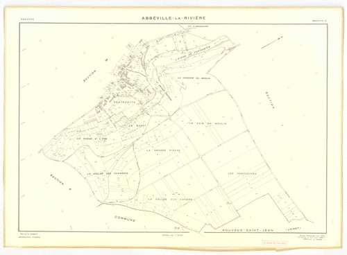 Plans minutes de conservation : ABBEVILLE-LA-RIVIERE : tableau d'assemblage, ech. 1/10000, sections A ,B, C, D, E, F, G, H, I , J , K, W (1955), section J (1969), ech. 1/2000, NB, papier, 105x80 [14 plans]. 