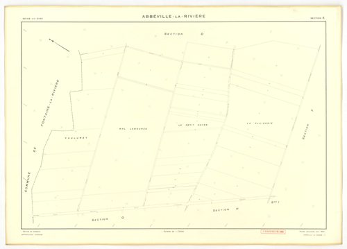 Plans minutes de conservation : ABBEVILLE-LA-RIVIERE : tableau d'assemblage, ech. 1/10000, sections A ,B, C, D, E, F, G, H, I , J , K, W (1955), section J (1969), ech. 1/2000, NB, papier, 105x80 [14 plans]. 