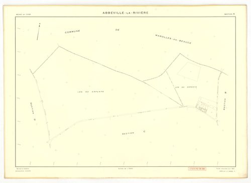 Plans minutes de conservation : ABBEVILLE-LA-RIVIERE : tableau d'assemblage, ech. 1/10000, sections A ,B, C, D, E, F, G, H, I , J , K, W (1955), section J (1969), ech. 1/2000, NB, papier, 105x80 [14 plans]. 