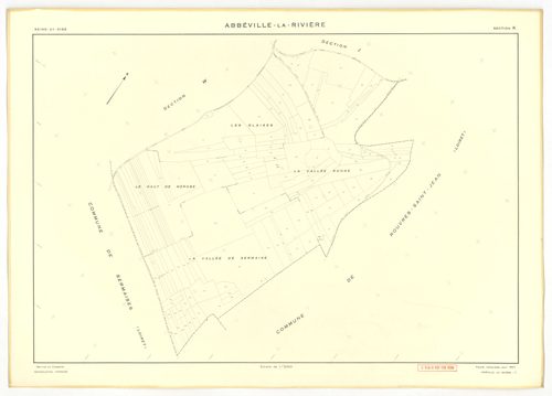 Plans minutes de conservation : ABBEVILLE-LA-RIVIERE : tableau d'assemblage, ech. 1/10000, sections A ,B, C, D, E, F, G, H, I , J , K, W (1955), section J (1969), ech. 1/2000, NB, papier, 105x80 [14 plans]. 