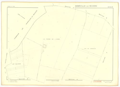 Plans minutes de conservation : ABBEVILLE-LA-RIVIERE : tableau d'assemblage, ech. 1/10000, sections A ,B, C, D, E, F, G, H, I , J , K, W (1955), section J (1969), ech. 1/2000, NB, papier, 105x80 [14 plans]. 