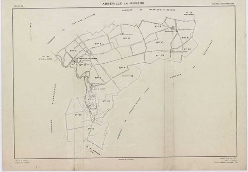 ABBEVILLE-LA-RIVIERE, plans minutes de conservation : tableau d'assemblage,1955, Ech. 1/10000 ; plans des sections A, B, C, D, E, F, G, H, I, J, 1955, Ech. 1/2000, sections ZB, ZC, 1998, Ech. 1/2000, sections ZE, ZH, 1999, Ech. 1/2000. Polyester. N et B. 