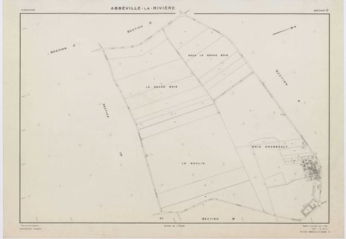 ABBEVILLE-LA-RIVIERE, plans minutes de conservation : tableau d'assemblage,1955, Ech. 1/10000 ; plans des sections A, B, C, D, E, F, G, H, I, J, 1955, Ech. 1/2000, sections ZB, ZC, 1998, Ech. 1/2000, sections ZE, ZH, 1999, Ech. 1/2000. Polyester. N et B. 