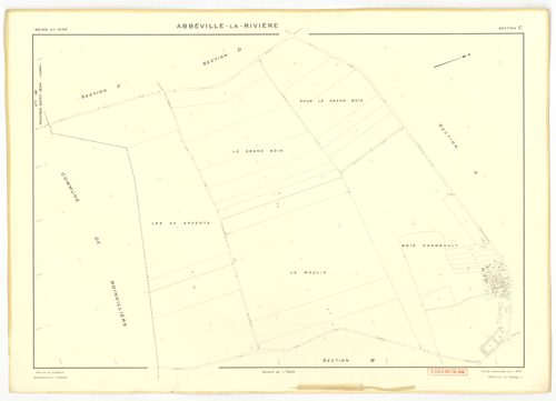 Plans minutes de conservation : ABBEVILLE-LA-RIVIERE : tableau d'assemblage, ech. 1/10000, sections A ,B, C, D, E, F, G, H, I , J , K, W (1955), section J (1969), ech. 1/2000, NB, papier, 105x80 [14 plans]. 