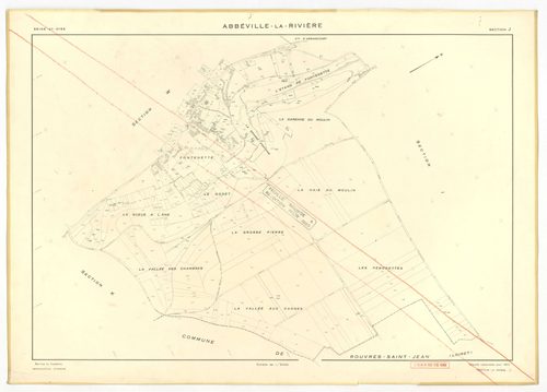Plans minutes de conservation : ABBEVILLE-LA-RIVIERE : tableau d'assemblage, ech. 1/10000, sections A ,B, C, D, E, F, G, H, I , J , K, W (1955), section J (1969), ech. 1/2000, NB, papier, 105x80 [14 plans]. 