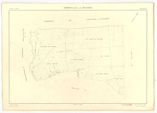 Plans minutes de conservation : ABBEVILLE-LA-RIVIERE : tableau d'assemblage, ech. 1/10000, sections A ,B, C, D, E, F, G, H, I , J , K, W (1955), section J (1969), ech. 1/2000, NB, papier, 105x80 [14 plans]. 