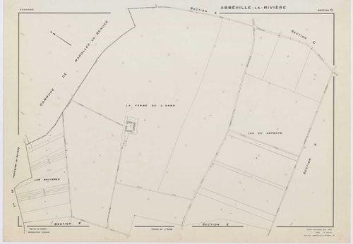 ABBEVILLE-LA-RIVIERE, plans minutes de conservation : tableau d'assemblage,1955, Ech. 1/10000 ; plans des sections A, B, C, D, E, F, G, H, I, J, 1955, Ech. 1/2000, sections ZB, ZC, 1998, Ech. 1/2000, sections ZE, ZH, 1999, Ech. 1/2000. Polyester. N et B. 