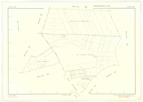 Plans minutes de conservation : ANGERVILLE : tableau d'assemblage, ech. 1/10000 (1936), sections D1 ech. 1/2500, D2 ech. 1/1250 (1936) ; sections B ech. 1/1250, C et D ech. 1/2500, F ech. 1/1250, ZA, ZK, ZL, ZM, ZN, ZP, ZR, ZS, ZT, ZV, ZW, ZX ech. 1/2000 
