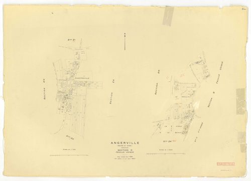 Plans minutes de conservation : ANGERVILLE : tableau d'assemblage, ech. 1/10000 (1936), sections D1 ech. 1/2500, D2 ech. 1/1250 (1936) ; sections B ech. 1/1250, C et D ech. 1/2500, F ech. 1/1250, ZA, ZK, ZL, ZM, ZN, ZP, ZR, ZS, ZT, ZV, ZW, ZX ech. 1/2000 