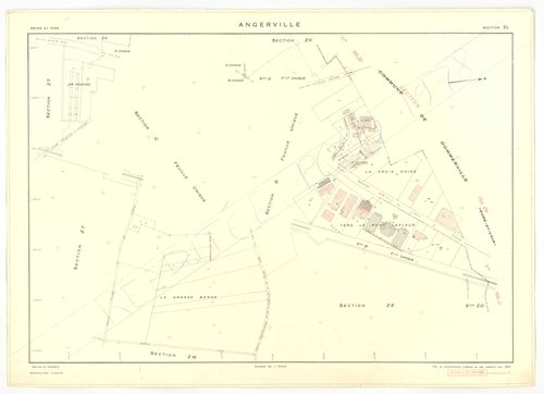 Plans minutes de conservation : ANGERVILLE : tableau d'assemblage, ech. 1/10000 (1936), sections D1 ech. 1/2500, D2 ech. 1/1250 (1936) ; sections B ech. 1/1250, C et D ech. 1/2500, F ech. 1/1250, ZA, ZK, ZL, ZM, ZN, ZP, ZR, ZS, ZT, ZV, ZW, ZX ech. 1/2000 