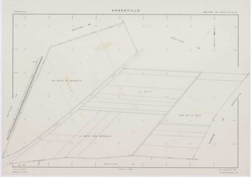ANGERVILLE, plans minutes de conservation : tableau d'assemblage,1974, Ech. 1/10000 ; plans des sections B, D, F, 1936, Ech. 1/1250, section C, 1936, Ech. 1/2500, section 950B, 1939, Ech. 1/1000, sections 950ZD, 950ZE, 950ZH, 1958, Ech. 1/2000, sections Z