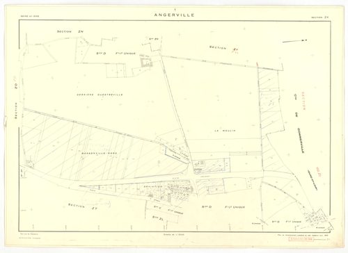 Plans minutes de conservation : ANGERVILLE : tableau d'assemblage, ech. 1/10000 (1936), sections D1 ech. 1/2500, D2 ech. 1/1250 (1936) ; sections B ech. 1/1250, C et D ech. 1/2500, F ech. 1/1250, ZA, ZK, ZL, ZM, ZN, ZP, ZR, ZS, ZT, ZV, ZW, ZX ech. 1/2000 