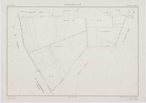 ANGERVILLE, plans minutes de conservation : tableau d'assemblage,1974, Ech. 1/10000 ; plans des sections B, D, F, 1936, Ech. 1/1250, section C, 1936, Ech. 1/2500, section 950B, 1939, Ech. 1/1000, sections 950ZD, 950ZE, 950ZH, 1958, Ech. 1/2000, sections Z
