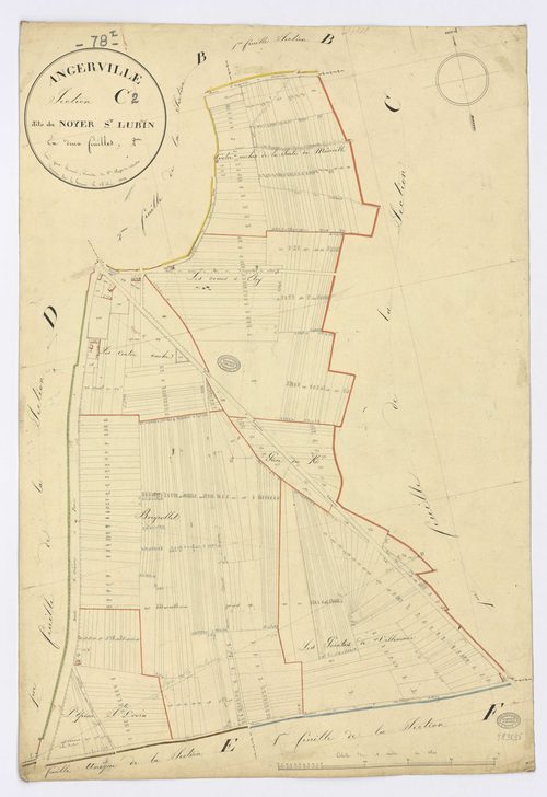 ANGERVILLE. - Section C - Noyer-saint-Lubin, 2, ech. 1/2500, coul., aquarelle, papier, 71x48 (1831). 