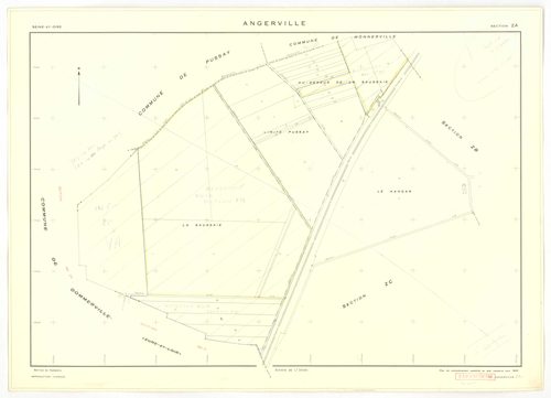 Plans minutes de conservation : ANGERVILLE : tableau d'assemblage, ech. 1/10000 (1936), sections D1 ech. 1/2500, D2 ech. 1/1250 (1936) ; sections B ech. 1/1250, C et D ech. 1/2500, F ech. 1/1250, ZA, ZK, ZL, ZM, ZN, ZP, ZR, ZS, ZT, ZV, ZW, ZX ech. 1/2000 