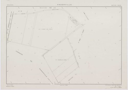 ANGERVILLE, plans minutes de conservation : tableau d'assemblage,1974, Ech. 1/10000 ; plans des sections B, D, F, 1936, Ech. 1/1250, section C, 1936, Ech. 1/2500, section 950B, 1939, Ech. 1/1000, sections 950ZD, 950ZE, 950ZH, 1958, Ech. 1/2000, sections Z