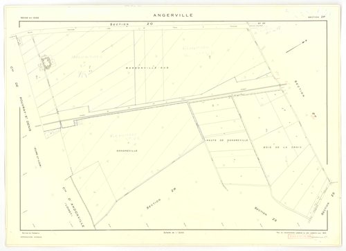 Plans minutes de conservation : ANGERVILLE : tableau d'assemblage, ech. 1/10000 (1936), sections D1 ech. 1/2500, D2 ech. 1/1250 (1936) ; sections B ech. 1/1250, C et D ech. 1/2500, F ech. 1/1250, ZA, ZK, ZL, ZM, ZN, ZP, ZR, ZS, ZT, ZV, ZW, ZX ech. 1/2000 