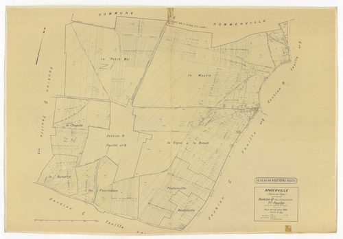 Plans minutes de conservation : ANGERVILLE : tableau d'assemblage, ech. 1/10000 (1936), sections D1 ech. 1/2500, D2 ech. 1/1250 (1936) ; sections B ech. 1/1250, C et D ech. 1/2500, F ech. 1/1250, ZA, ZK, ZL, ZM, ZN, ZP, ZR, ZS, ZT, ZV, ZW, ZX ech. 1/2000 