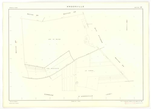 Plans minutes de conservation : ANGERVILLE : tableau d'assemblage, ech. 1/10000 (1936), sections D1 ech. 1/2500, D2 ech. 1/1250 (1936) ; sections B ech. 1/1250, C et D ech. 1/2500, F ech. 1/1250, ZA, ZK, ZL, ZM, ZN, ZP, ZR, ZS, ZT, ZV, ZW, ZX ech. 1/2000 