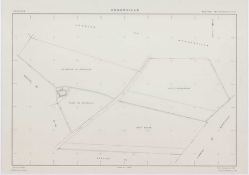 ANGERVILLE, plans minutes de conservation : tableau d'assemblage,1974, Ech. 1/10000 ; plans des sections B, D, F, 1936, Ech. 1/1250, section C, 1936, Ech. 1/2500, section 950B, 1939, Ech. 1/1000, sections 950ZD, 950ZE, 950ZH, 1958, Ech. 1/2000, sections Z