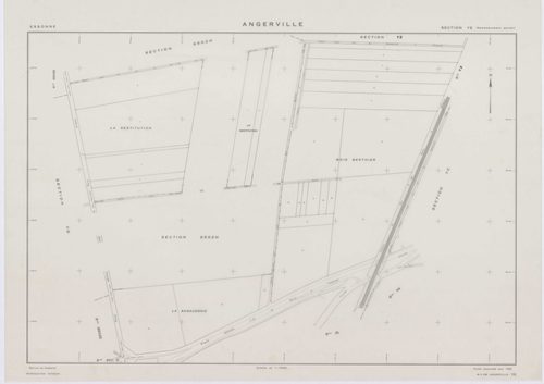 ANGERVILLE, plans minutes de conservation : tableau d'assemblage,1974, Ech. 1/10000 ; plans des sections B, D, F, 1936, Ech. 1/1250, section C, 1936, Ech. 1/2500, section 950B, 1939, Ech. 1/1000, sections 950ZD, 950ZE, 950ZH, 1958, Ech. 1/2000, sections Z