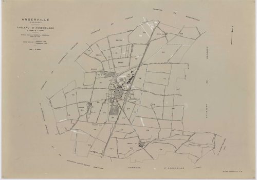 ANGERVILLE, plans minutes de conservation : tableau d'assemblage,1974, Ech. 1/10000 ; plans des sections B, D, F, 1936, Ech. 1/1250, section C, 1936, Ech. 1/2500, section 950B, 1939, Ech. 1/1000, sections 950ZD, 950ZE, 950ZH, 1958, Ech. 1/2000, sections Z