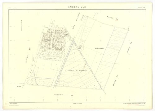 Plans minutes de conservation : ANGERVILLE : tableau d'assemblage, ech. 1/10000 (1936), sections D1 ech. 1/2500, D2 ech. 1/1250 (1936) ; sections B ech. 1/1250, C et D ech. 1/2500, F ech. 1/1250, ZA, ZK, ZL, ZM, ZN, ZP, ZR, ZS, ZT, ZV, ZW, ZX ech. 1/2000 