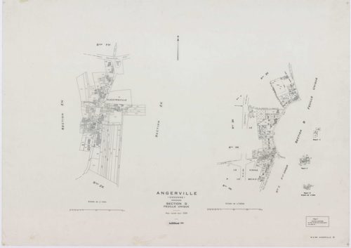 ANGERVILLE, plans minutes de conservation : tableau d'assemblage,1974, Ech. 1/10000 ; plans des sections B, D, F, 1936, Ech. 1/1250, section C, 1936, Ech. 1/2500, section 950B, 1939, Ech. 1/1000, sections 950ZD, 950ZE, 950ZH, 1958, Ech. 1/2000, sections Z