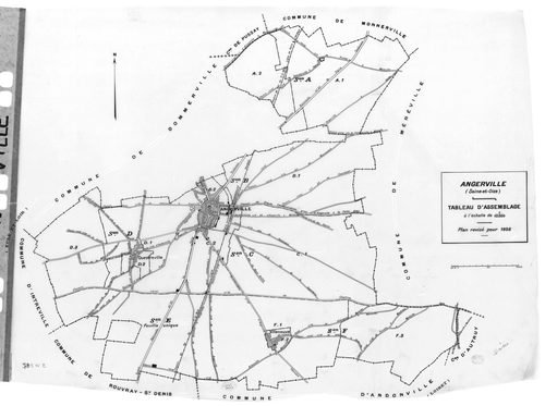 ANGERVILLE.- Cadastre révisé pour 1936 : plan du tableau d'assemblage , plans de la section A Rétréville 1ère feuille , idem 2ème feuille, section B La Ville 1ère feuille , section B le Village 2ème feuille, section C Le Noyer Saint Lubin 1ère feuille, id