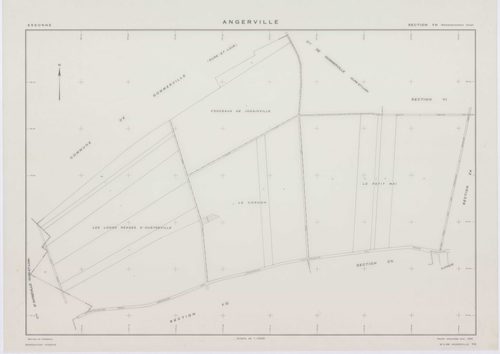 ANGERVILLE, plans minutes de conservation : tableau d'assemblage,1974, Ech. 1/10000 ; plans des sections B, D, F, 1936, Ech. 1/1250, section C, 1936, Ech. 1/2500, section 950B, 1939, Ech. 1/1000, sections 950ZD, 950ZE, 950ZH, 1958, Ech. 1/2000, sections Z
