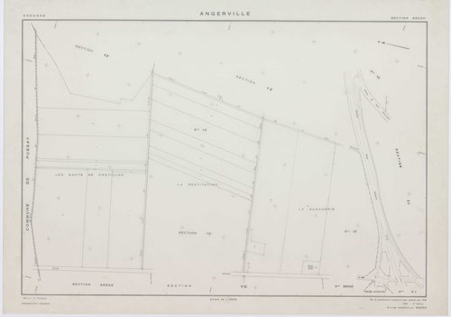 ANGERVILLE, plans minutes de conservation : tableau d'assemblage,1974, Ech. 1/10000 ; plans des sections B, D, F, 1936, Ech. 1/1250, section C, 1936, Ech. 1/2500, section 950B, 1939, Ech. 1/1000, sections 950ZD, 950ZE, 950ZH, 1958, Ech. 1/2000, sections Z