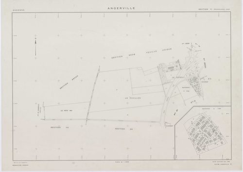 ANGERVILLE, plans minutes de conservation : tableau d'assemblage,1974, Ech. 1/10000 ; plans des sections B, D, F, 1936, Ech. 1/1250, section C, 1936, Ech. 1/2500, section 950B, 1939, Ech. 1/1000, sections 950ZD, 950ZE, 950ZH, 1958, Ech. 1/2000, sections Z