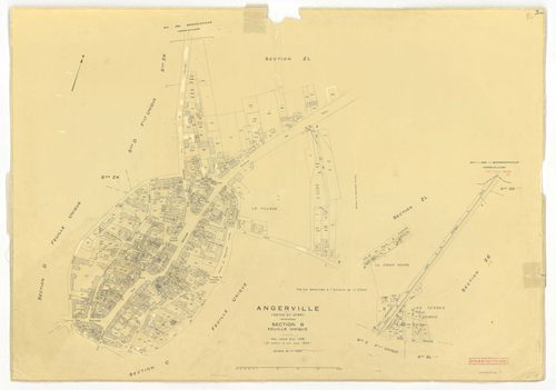 Plans minutes de conservation : ANGERVILLE : tableau d'assemblage, ech. 1/10000 (1936), sections D1 ech. 1/2500, D2 ech. 1/1250 (1936) ; sections B ech. 1/1250, C et D ech. 1/2500, F ech. 1/1250, ZA, ZK, ZL, ZM, ZN, ZP, ZR, ZS, ZT, ZV, ZW, ZX ech. 1/2000 