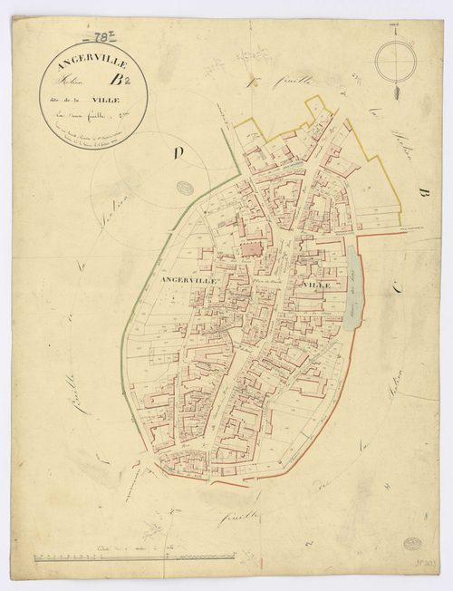 ANGERVILLE. - Section B - Ville (la), 2, ech. 1/1250, coul., aquarelle, papier, 69x52 (1831). 