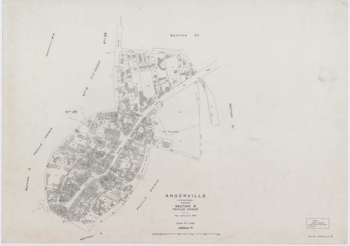 ANGERVILLE, plans minutes de conservation : tableau d'assemblage,1974, Ech. 1/10000 ; plans des sections B, D, F, 1936, Ech. 1/1250, section C, 1936, Ech. 1/2500, section 950B, 1939, Ech. 1/1000, sections 950ZD, 950ZE, 950ZH, 1958, Ech. 1/2000, sections Z