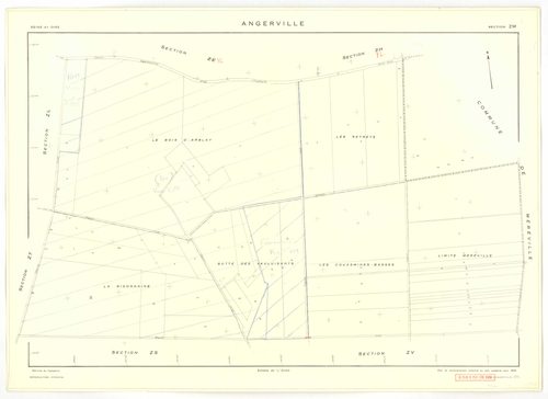 Plans minutes de conservation : ANGERVILLE : tableau d'assemblage, ech. 1/10000 (1936), sections D1 ech. 1/2500, D2 ech. 1/1250 (1936) ; sections B ech. 1/1250, C et D ech. 1/2500, F ech. 1/1250, ZA, ZK, ZL, ZM, ZN, ZP, ZR, ZS, ZT, ZV, ZW, ZX ech. 1/2000 