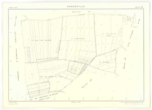 Plans minutes de conservation : ANGERVILLE : tableau d'assemblage, ech. 1/10000 (1936), sections D1 ech. 1/2500, D2 ech. 1/1250 (1936) ; sections B ech. 1/1250, C et D ech. 1/2500, F ech. 1/1250, ZA, ZK, ZL, ZM, ZN, ZP, ZR, ZS, ZT, ZV, ZW, ZX ech. 1/2000 
