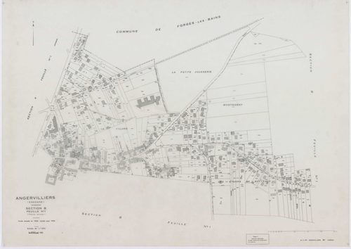 ANGERVILLIERS, plans minutes de conservation : tableau d'assemblage,1934, Ech. 1/10000 ; plans des sections A1B, A2, B1B, B2, 1934, Ech. 1/2500, sections A1A, B1A, 1934, Ech. 1/1250, section ZA, 1978, Ech. 1/2000. Polyester. N et B. Dim. 105 x 80 cm [8 pl