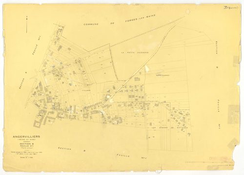 Plans minutes de conservation : ANGERVILLIERS : tableau d'assemblage, ech. 1/10000 (1934), sections A1, A2, ech. 1/2500, B1, ech. 1/1250, B2, ech. 1/2500 (1934) ; section B1, ech. 1/1250 (1934-1961) ; section ZA, ech. 1/2000 (1978), NB, papier, 105x80 [7 